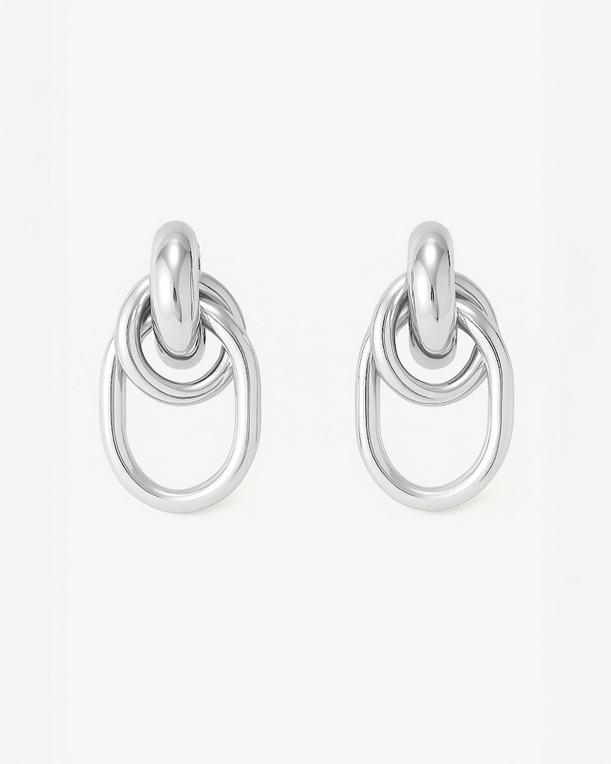 Silver-plated brass hoop earrings with interlocking oval and round links on white background