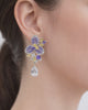 Amethyst floral drop earrings with cubic zirconia silver plated worn on ear model