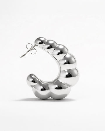 silver-plated puffy hoop earrings top view with bold rounded segments, minimalist chunky hoop earrings