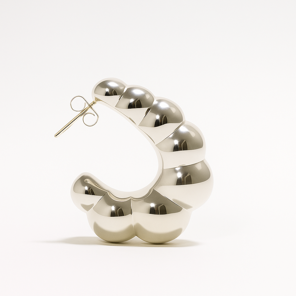 Puffy Shell Hoops in polished silver with inflated sculptural shell-like shape – Jadejuri