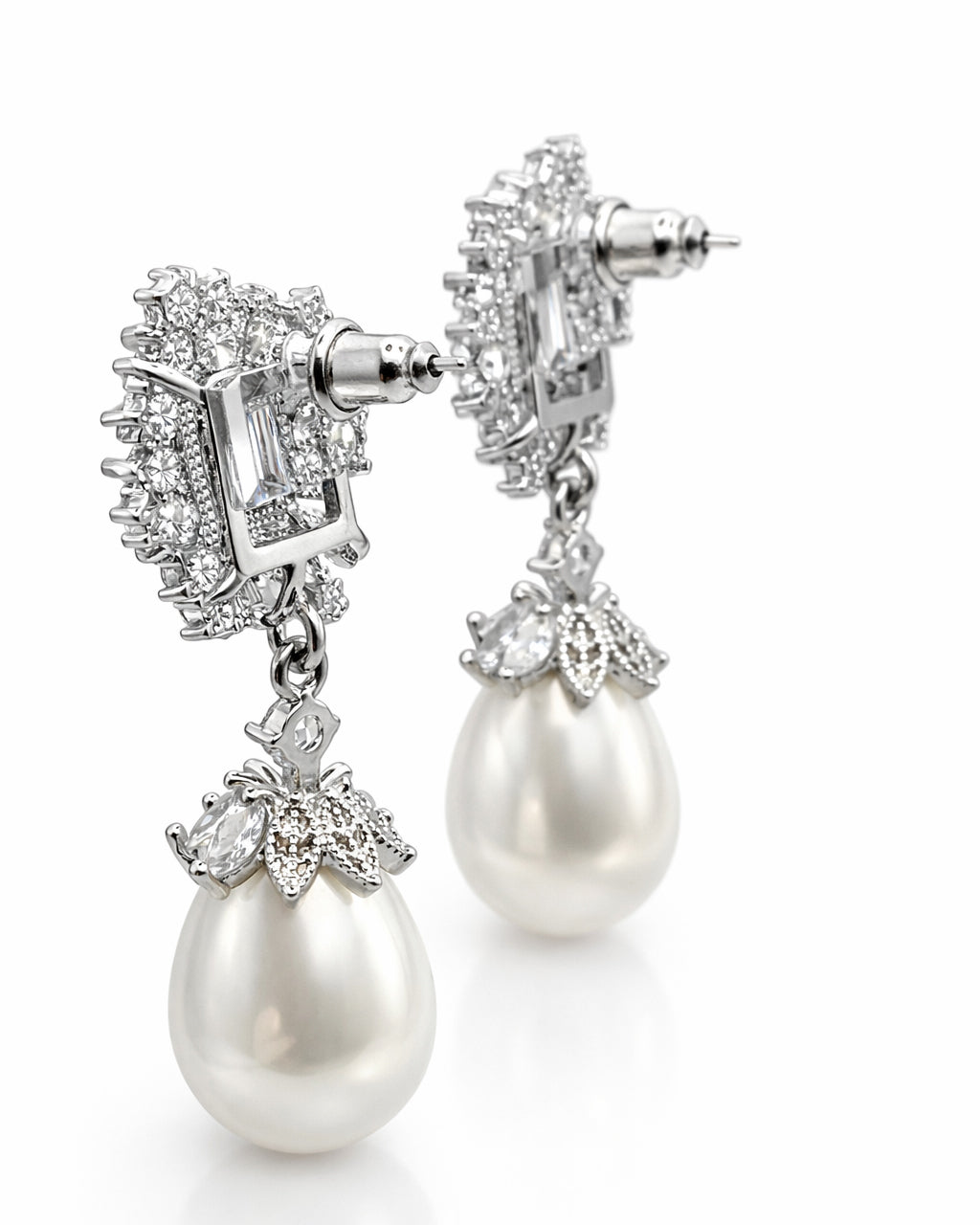 Royal azure halo pearl drop earrings back view with cubic zirconia silver plated