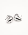 Silver sculpted teardrop stud earrings top view, featuring a polished minimalist design by Jadejuri