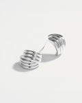 Rhodium-plated sterling silver semicircle striped stud earrings with half-hoop design on white background