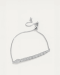 A silver-toned slider bracelet with a delicate chain and a geometric centerpiece. The adjustable bracelet features a row of s