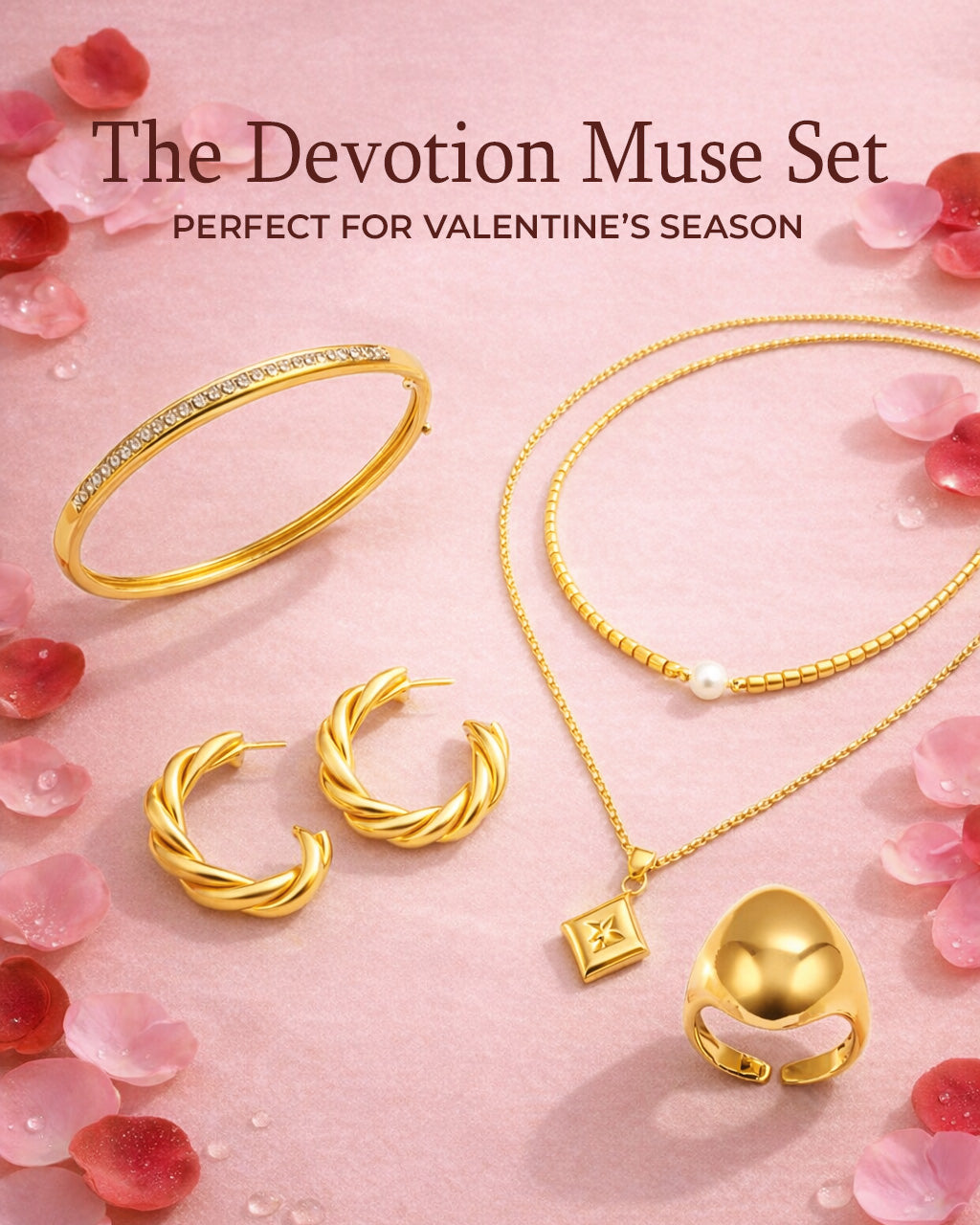 Gold jewelry set including bracelet, earrings, necklace, and ring on a pink floral background with 'The Devotion Muse Set' text.