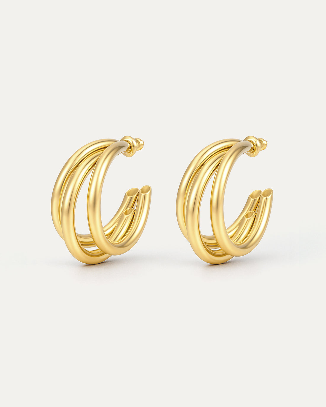 18K gold-plated brass triple C-shaped hoop earrings with sleek modern design on white background
