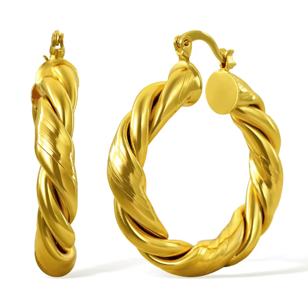 Twisted C Hoops in 18K gold-plated finish with bold rope-like twist and sculptural round silhouette, 41mm tall.