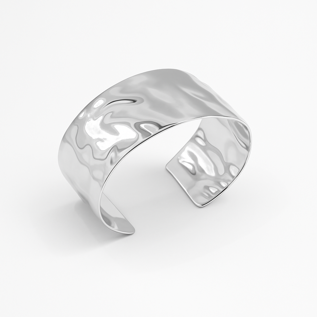 Wavecrest Hammered Cuff bracelet in silver-plated brass with hammered wave texture, wide statement cuff design.